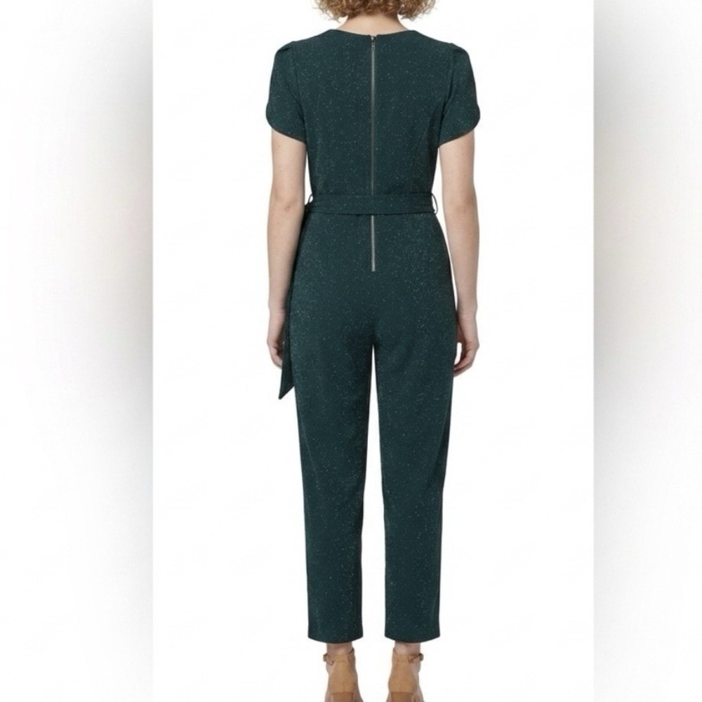 Calvin Klein Green Glitter Tulip Sleeve Belt Stretch Crop Jumpsuit Pockets 10 - Picture 2 of 11